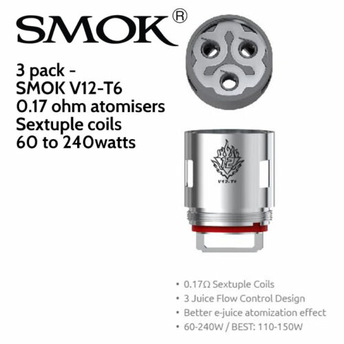 3 pack - SMOK V12-T6 sextuple coil atomisers - 0.17 ohm
