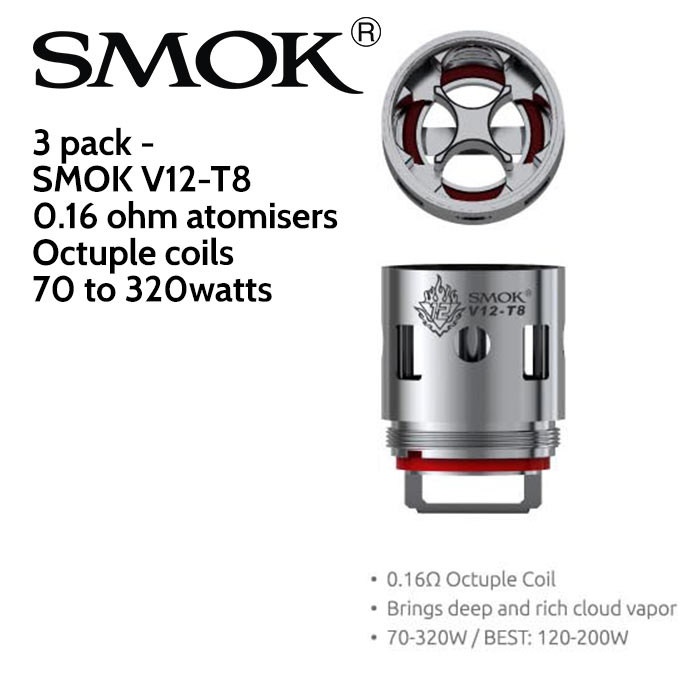 3 pack - SMOK V12-T8 octuple coil atomisers - 0.16 ohm