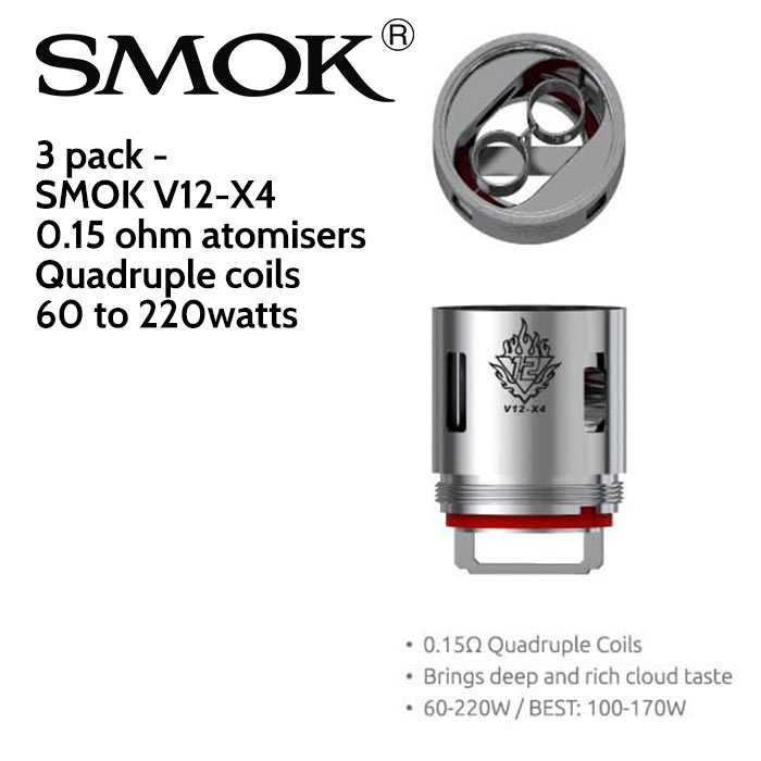 3 pack - SMOK V12-X4 quad coil atomisers - 0.15 ohm