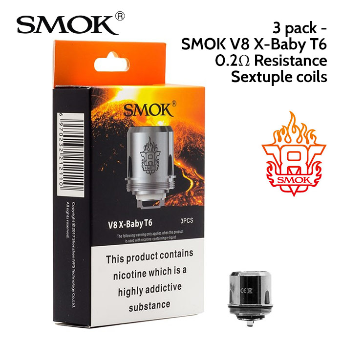 3 pack - SMOK V8 X-Baby T6 Sextuple coils atomisers 0.2 ohm