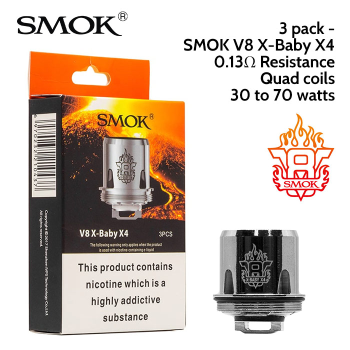 3 pack - SMOK V8 X-Baby X4 quad coil atomisers 0.13 ohm