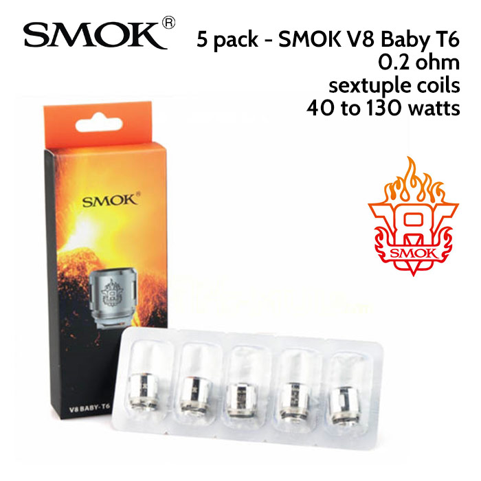 5 pack - SMOK V8 Baby T6 sextuple coil atomisers - 0.2ohm