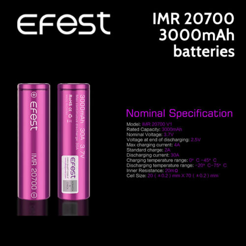 2 pack - Efest IMR 20700 Rechargeable 3000mAh batteries