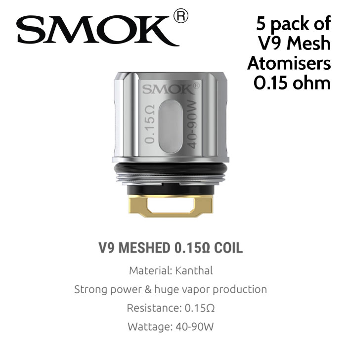 5 pack of SMOK V9 Mesh 0.15ohm atomisers to fit the SMOK TFV9 tank The V9 meshed coil is made of Kanthal and features a large heating contact surface area to produce huge clouds and superb flavour with less heat time.