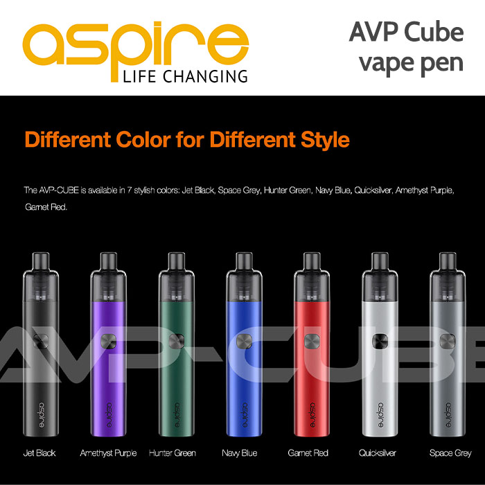 Aspire AVP Cube vape pen The Aspire AVP Cube is the next generation of the Aspire AVP design, with an all-new cube shape, for increased ergonomic comfort. The Aspire AVP-CUBE runs on classic AVP Pro coils, both MTL and DL are easily achieved depending on which coil you use. The AVP-CUBE is available in 7 stylish colours: Jet Black, Space Grey, Hunter Green, Navy Blue, Quicksilver, Amethyst Purple, Garnet Red. Large inbuilt rechargeable 1300 mAh battery to help achieve great performance and a longer run time, and type-C 2Amp quick charging. The AVP-CUBE can be adjusted to 10 watts, 12 watts, 14 watts, and 16 watts. Just press the button twice to change the wattage. The AVP-CUBE features 4 airflow setting options. There are 0/2/4/8 airflow holes in different sides, you can choose the perfect airflow, according to your vaping needs. The AVP-CUBE has a strong magnetic connection between the pod and battery for stable performance and simple operation. Lift the bottom seal in the pod to refill with e-liquid. Numerous safety protections to protect the device from overheat, short circuit, over-charge, etc. Size: 110x22x22mm Weight: 64g 2ml liquid capacity Material: battery case is Aluminium alloy, tank is PCTG. REPLACEMENT Aspire AVP Pro coils ARE HERE.